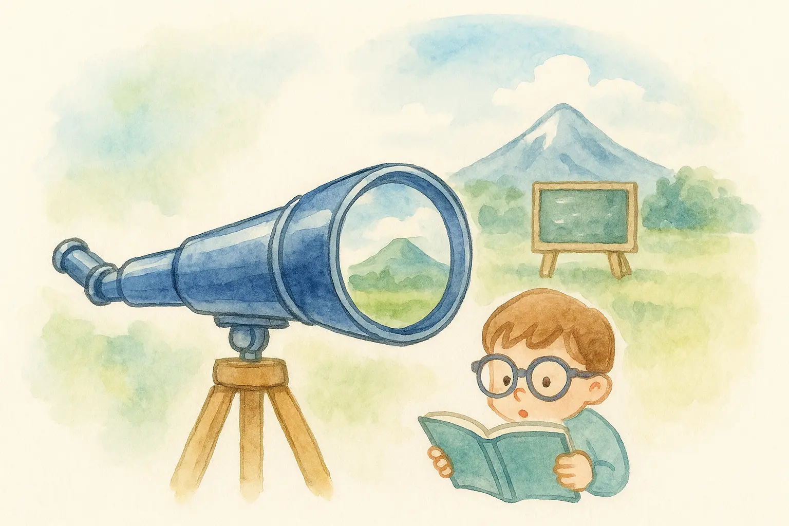 望遠鏡と読書する男の子