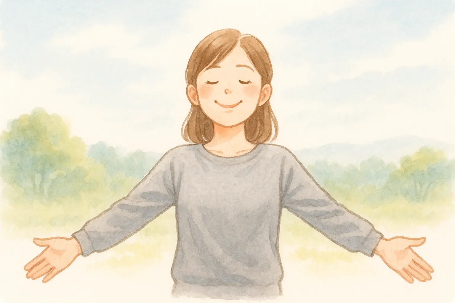 やさしい日差しをまぶた越しに感じて深呼吸し、目まわりの緊張がゆるむイメージ