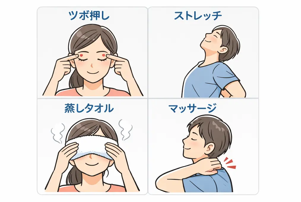 眼精疲労と肩こりを和らげる4つの方法