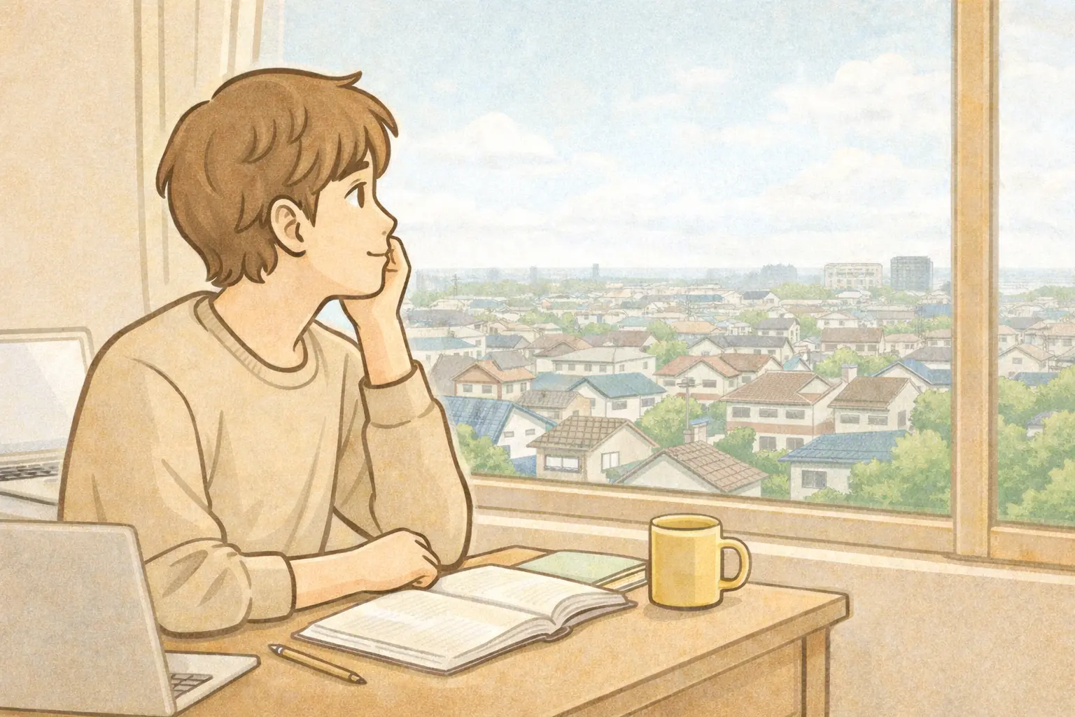 窓の外を眺める男の子