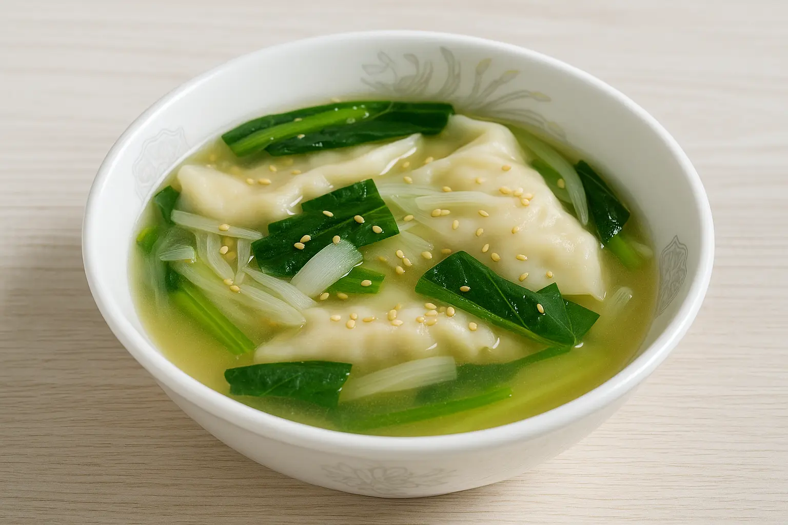 長ねぎ香るほうれん草水餃子スープ