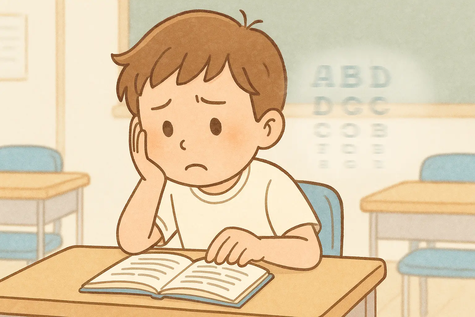 読みにくそうに教科書を見る男の子
